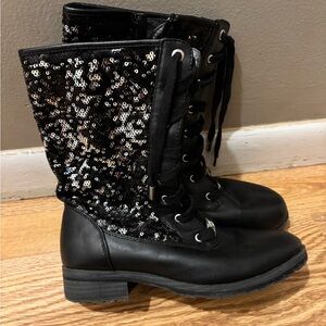 Black Sequin Lace-Up Girls Combat Boots